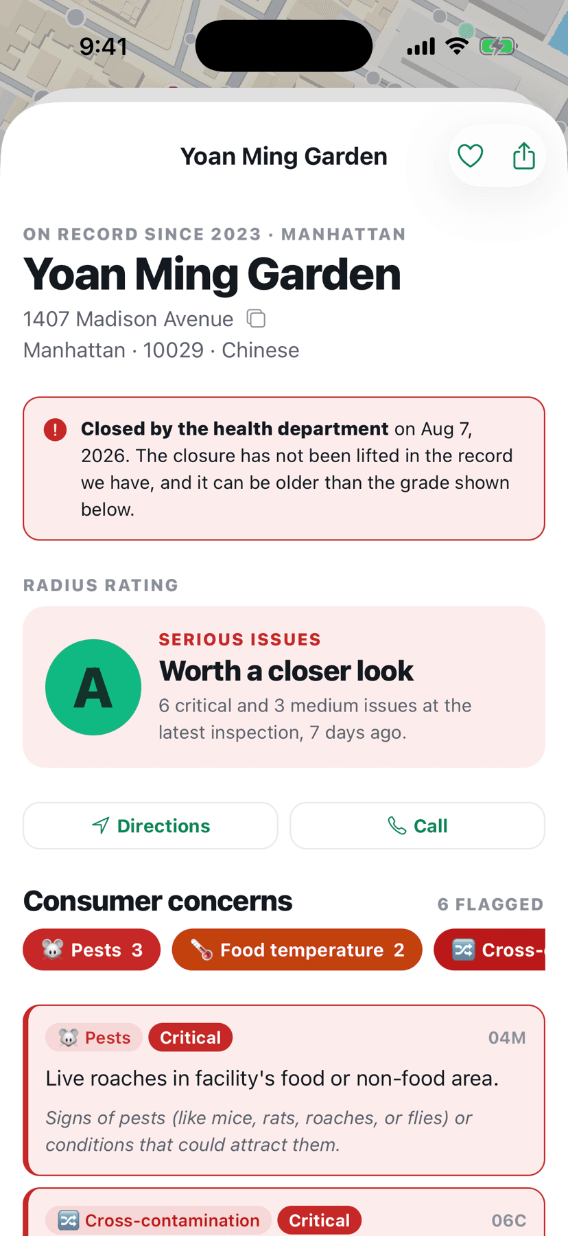 A restaurant with a pest alert