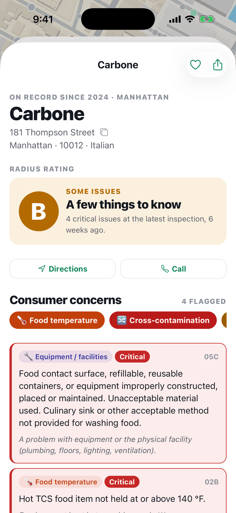 A Radius restaurant page showing a Grade B verdict with critical violations