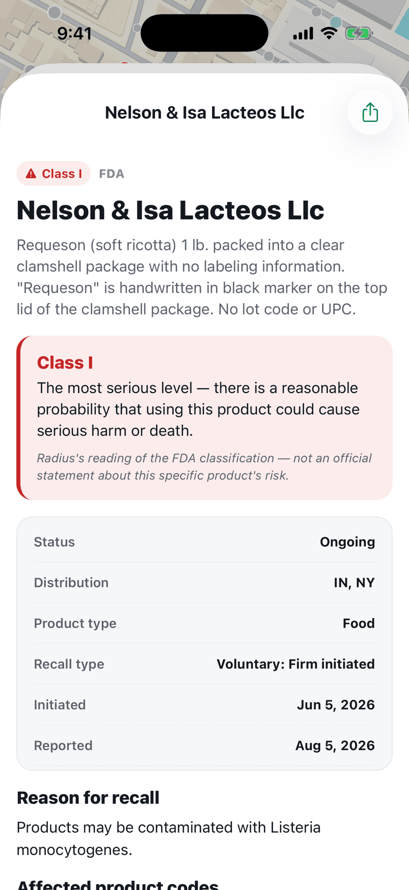 A food recall detail page