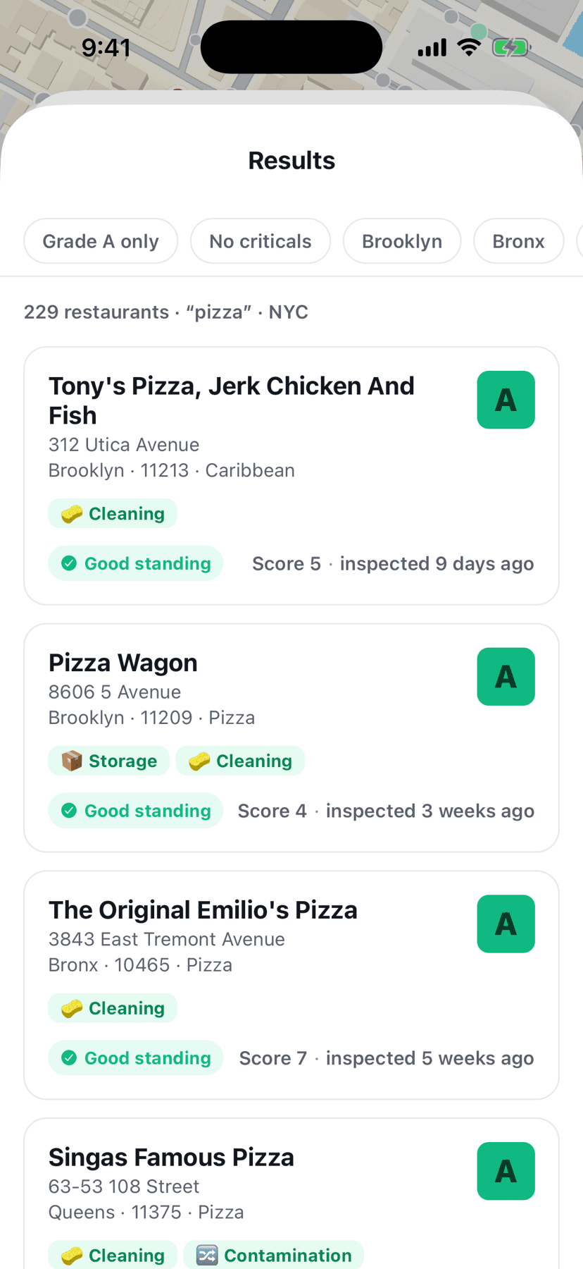 Radius restaurant search results